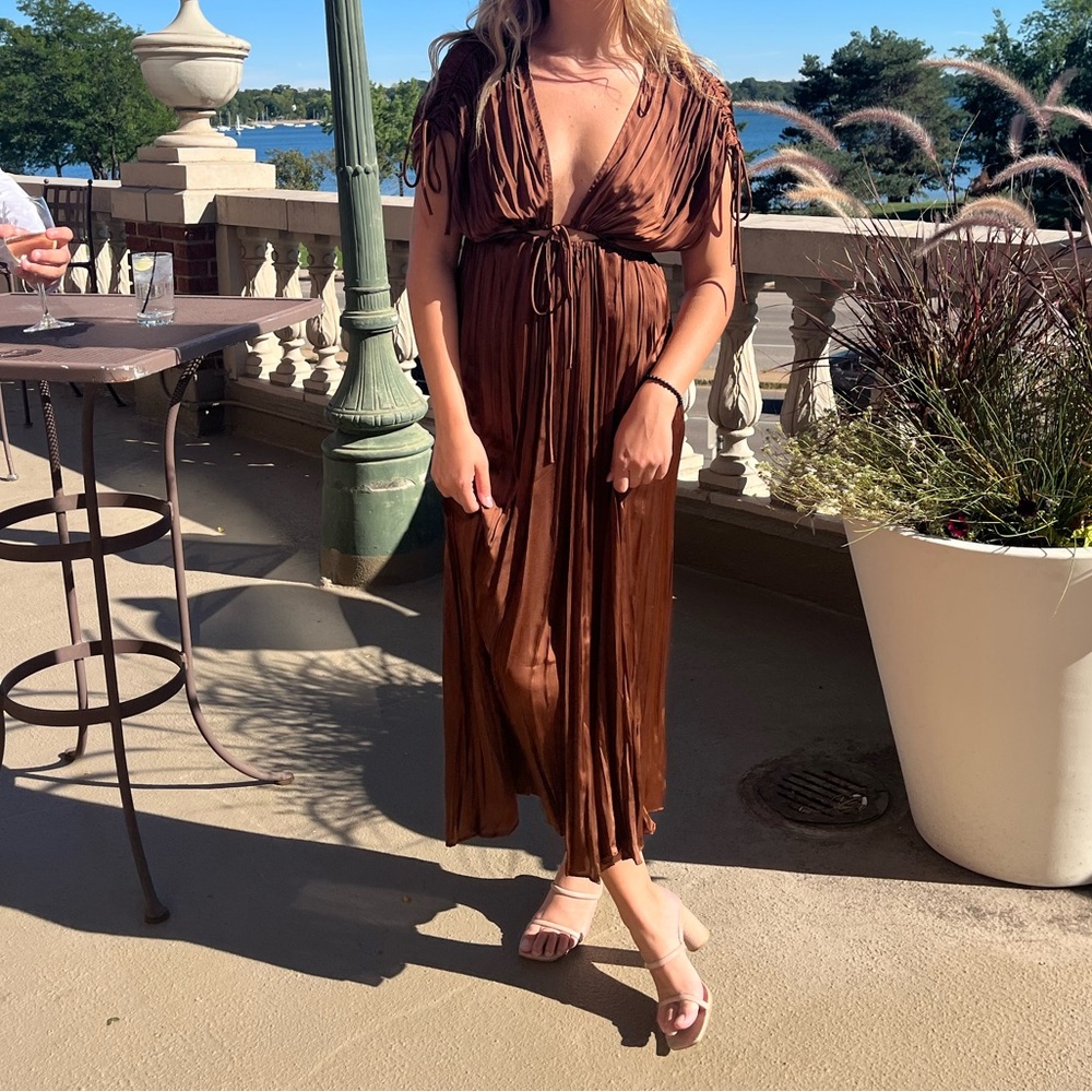 Zara Satin Effect Cut Out Midi Dress Brown